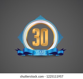 30 years logotype anniversary design with white ring, blue ornament and ribbon for use celebration event of your company, party, wedding and precious moment