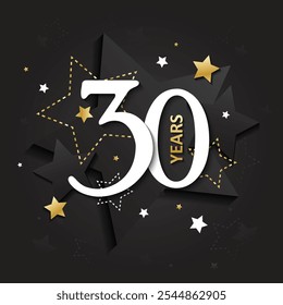 30 ANOS de ouro metálico e vetor preto cartão tipográfico com estrelas