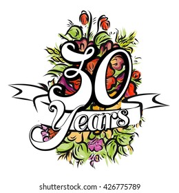 30 Years with nice bouquet of flowers, Greeting Card Design, Vector Hand Drawn Artwork