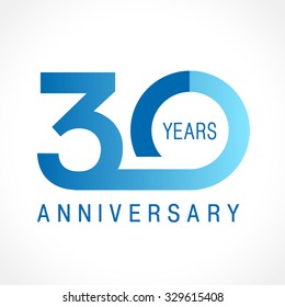 30 years old celebrating logotype. Colored happy anniversary 30 th numbers. Creative decorative greetings. Age symbol. Special prize, % off. Label idea. Isolated abstract graphic design template.