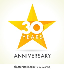 30 years old celebrating star logo. 30 th anniversary vector congrats color numbers. Greetings celebrates of winner. Stained glass colorful stars shape. Mosaic gold colored template, best offer sign.
