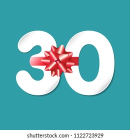 30 years old logotype. Numbers 30th favoured paper, white colour greetings, congratulating celebrating template. Isolated shape with shadow. 