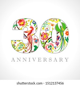 30 years old logotype. 30 th anniversary numbers. Decorative symbol. Age congrats with peacock birds. Isolated abstract graphic design template. Royal colorful digits. Up to 30% percent off discount.