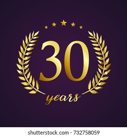 30 years old luxurious logotype. Congratulating 30th, 3rd numbers in circle of palms, cup template. Isolated sign greetings symbol, celebrating traditional stained-glass decorative retro style ear.