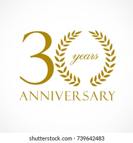 30 years old luxurious logotype. Congratulating 30th, 3rd numbers, letter O as circle palms tree, cup template. Isolated sign greetings symbol, celebrating traditional decorative retro style ear.