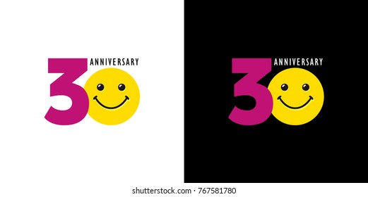 30 years old smiling logo. Congratulating celebrating 30th, 3d numbers, logotype with emotions. Isolated humorous colored greetings on black and white background or % off