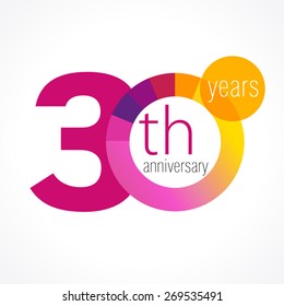 30 years round logo. Anniversary year of 30 th vector chart template medal. Birthday greetings circle celebrates. Celebrating numbers. Colorful digits. Figures of ages, cut sections. Letter O purple.