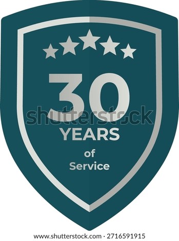 30 Years of Service Teal Shield Badge with Five Stars