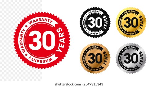 30 anos de garantia em círculo. 30 anos de garantia com texto circular. Vermelho, preto, ouro, prata, bronze cor premium. Para adesivo, rótulo, crachá, ícone, sinal, emblema, selo, logotipo, selo, símbolo. Vetor