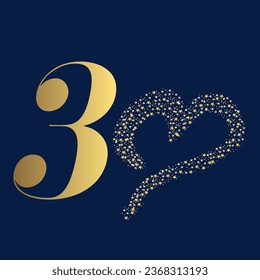 30 years - wish a party or birthday with a number and a heart made of stars to replace the zero - gold color on a navy blue background.