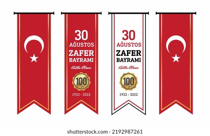 30 Ağustos Zafer Bayramı Turkish text on red waving flag and man on a rearing horse. Translation: happy august 30 victory day. swallow flag (kırlangıç bayrak)
