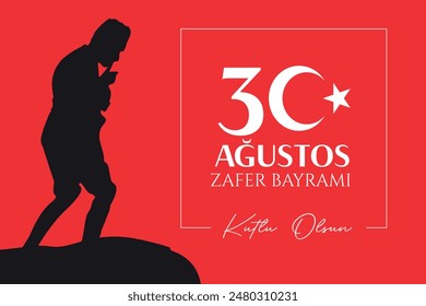 30 Ağustos Zafer Bayramı Turkish text on red waving flag and man on a rearing horse. Translation: happy august 30 victory day
