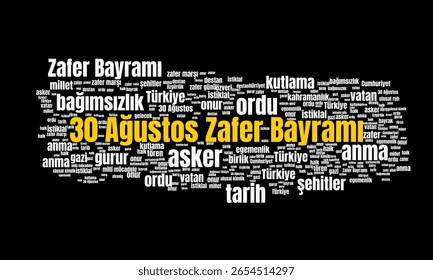 30 Ağustos Zafer Bayramı Word Cloud Featuring Keywords About Victory Day, Turkey, National Celebration, and Patriotism. Ideal design for social media, cover, banner, flyer, ads.