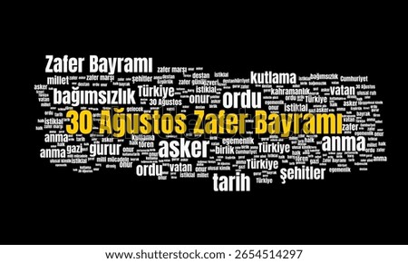 30 Ağustos Zafer Bayramı Word Cloud Featuring Keywords About Victory Day, Turkey, National Celebration, and Patriotism. Ideal design for social media, cover, banner, flyer, ads.