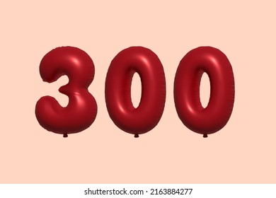 Balón 300 3d número hecho de representación 3d de globo metálico realista. Globos 3D de helio rojo para la venta decoración Fiesta Cumpleaños, Celebración de Aniversario, Fiesta de la Boda. Ilustración del vector
