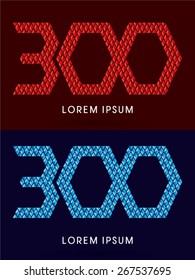 300 ,Abstract Number, font, designed using red and blue geometric shape on dark background, graphic, vector.