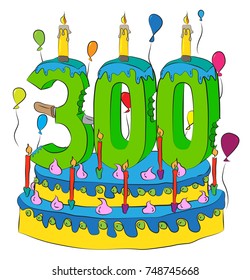 300 Birthday Cake With Number Three Hundred Candle, Celebrating Three Hundredth Year of Life, Colorful Balloons and Chocolate Frosting