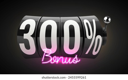 300% bonus. Black slot machine wins the jackpot. 777. Big win concept. Casino jackpot. Vector illustration