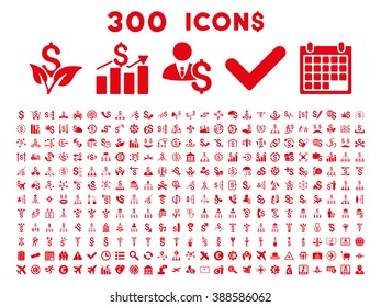 300 Business vector icons. Style is red flat symbols on a white background.
