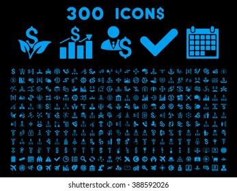 300 Business vector icons. Style is blue flat symbols on a black background.