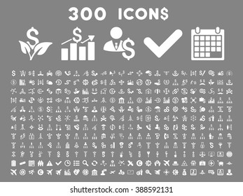 300 Business vector icons. Style is white flat symbols on a gray background.