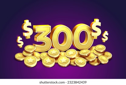 300 dollar coupon gift voucher, cash back banner special offer, casino winner. Vector illustration