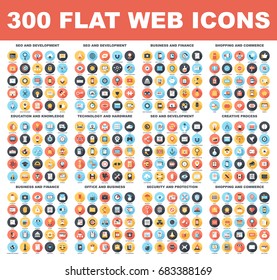 300 Flat web icons - SEO and development, creative process, business and finance, office and business, security and protection, shopping and commerce, education and knowledge, technology and hardware - Shutterstock ID 683388169