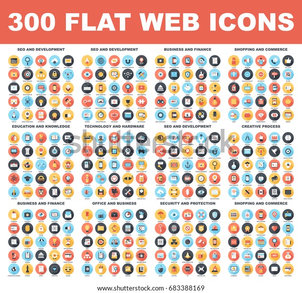 300 Flat web icons - SEO and development,
creative process, business and finance, office and business,
security and protection, shopping and commerce, education and
knowledge, technology and
hardware