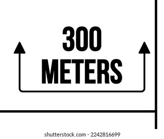 300 metros. Vector con distancia marcada y flecha negra. Unidad de medida en metros para marcado