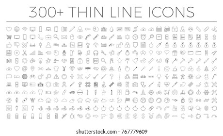 300+ miscellaneous thin line icons - business, technology, internet, finance, medicine, health, sport, travel, music and weather. Vector Illustration.