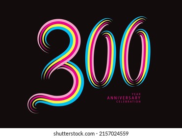 vector de diseño de 300 números, camiseta gráfica, celebración de 300 años línea colorida de logotipo de tipo lotipo, logotipo de cumpleaños 300, plantilla de pancarta, elementos de número de logotipo para tarjeta de invitación, afiche, camiseta.