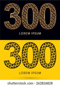 300 ,Number, Luxury font, designed using gold and black triangle geometric shape. on dark and yellow  background, sign ,logo, symbol, icon, graphic, vector.