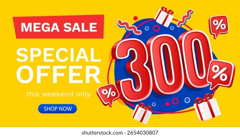 300 por cento Oferta especial mega venda, caixa de cheque e presente. Banner e cartaz de venda. Ilustração vetorial.