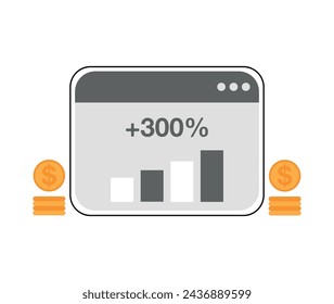300% profit earned. Capital profit online, virtual screen with financial gains. Profitable bar chart, capital gain