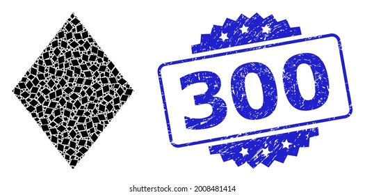 300 strukturierte Robbendruck- und Vektorrekursionskollage füllten Rhombus. Das blaue Siegel enthält 300 Titel in Rosette. Die Vektorgrafik wird aus gestreuten, rotierten, voll besetzten Rhombus-Symbolen erstellt.