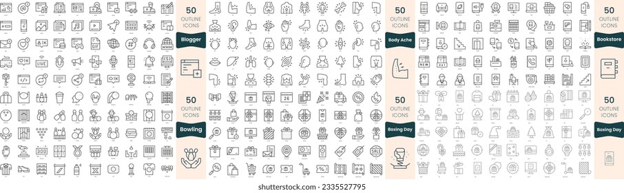 300 thin line icons bundle. In this set include blogger, body ache, bookstore, bowling, boxing day