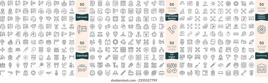 300 thin line icons bundle. In this set include call center service, call center, camera interface, car engine, car workshop, carnival