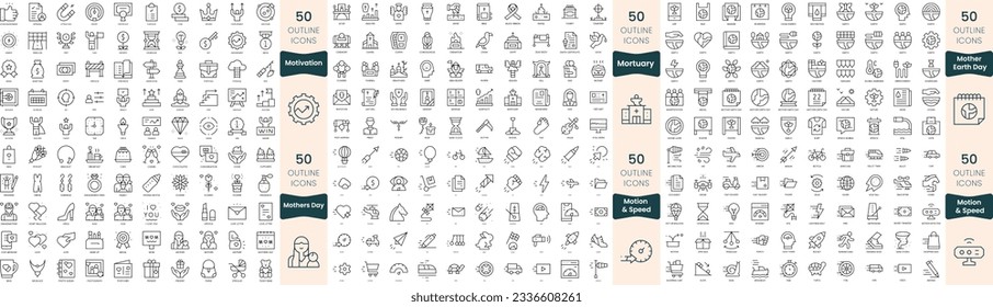 300 Thin-Line-Symbole bündeln. In diesem Set sind die Moral, Mutter Erde Tag, Mütter Tag, Bewegung und Geschwindigkeit, Motivation