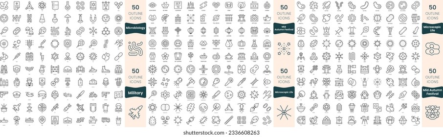 300 thin line icons bundle. In this set include microbiology, microscopic life, mid autumn festival, military