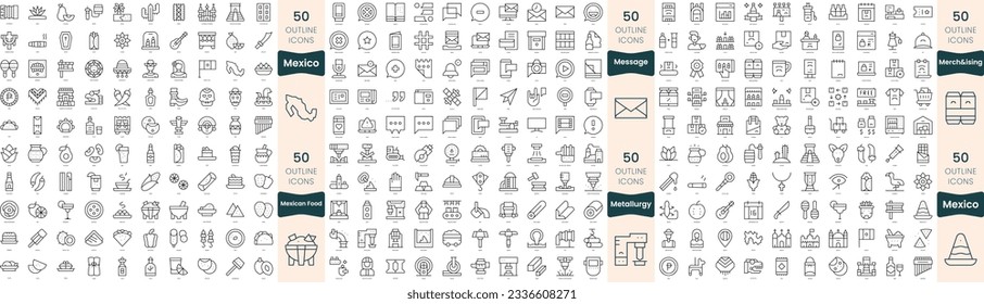 Paquete de 300 iconos de línea delgada. En este conjunto se incluyen la merchandising, el mensaje, la metalurgia, la comida mexicana, méxico