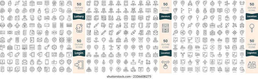 300 Thin-Line-Symbole bündeln. In diesem Satz sind Literatur, Standort, Login, Logistik, Lotterie