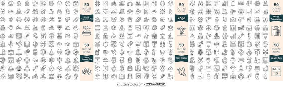 300 thin line icons bundle. In this set include world oceans day, world population, world vegetarian day, yoga, yom kippur, youth day