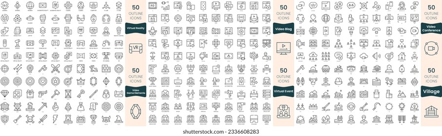 300 thin line icons bundle. In this set include video blog, video conference, video game elements, village, virtual event, virtual reality