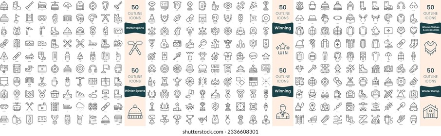 300 thin line icons bundle. In this set include winning, winter camp, winter clothes and accessories, winter sports