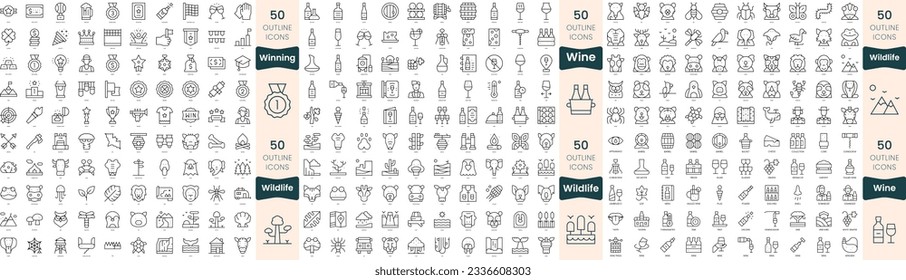 300 thin line icons bundle. In this set include wildlife, wine, winning