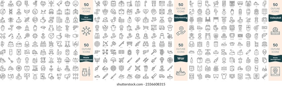 300 thin line icons bundle. In this set include virus transmission, volleyball, volunteering, war, waste management