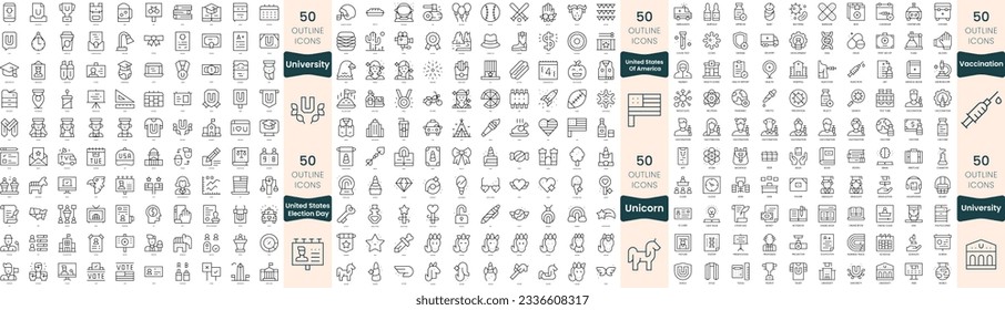 300 thin line icons bundle. In this set include unicorn, united states election day, united states of america, university, vaccination