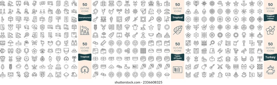 300 thin line icons bundle. In this set include tropical flower, tropical, turkey, types of sushi, unemployment