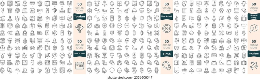 300 Thin-Line-Symbole bündeln. In diesem Set sind Zeit und Uhr, Zeit zu schlafen, Zeit, Tourismus