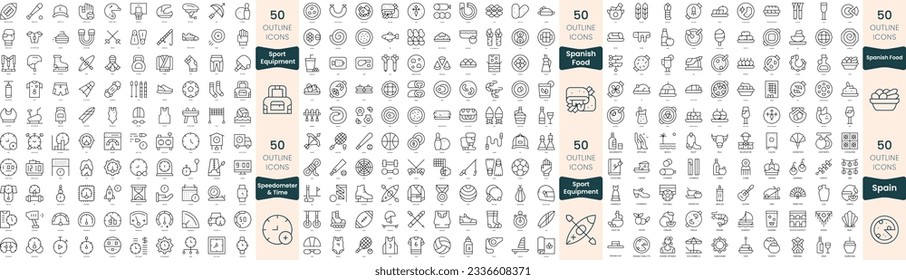 300 thin line icons bundle. In this set include spain, spanish food, speedometer and time, sport equipment